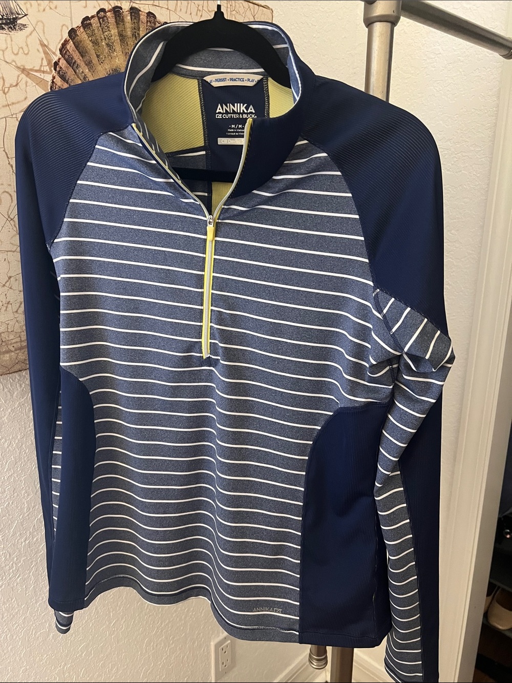 ANNIKA Navy Striped Half-Zip Pullover with Yellow Zipper